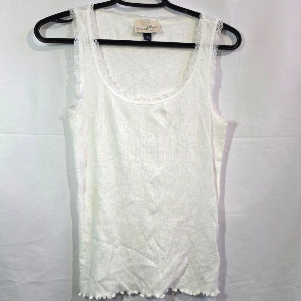 Lace Trim Ribbed Tank Top White Lettuce Hem Coquette Camisole M